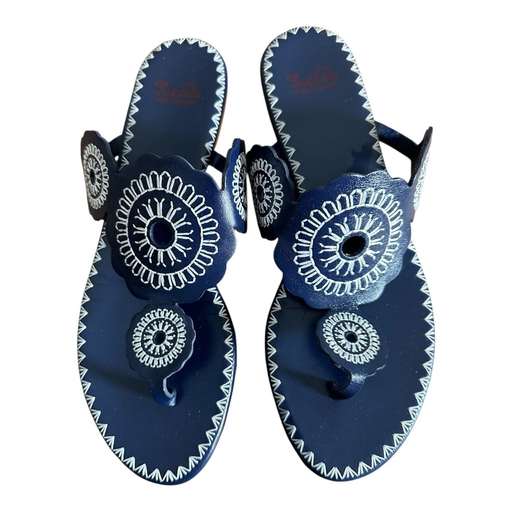 Elegant Navy leather Sandals with White Detailing
